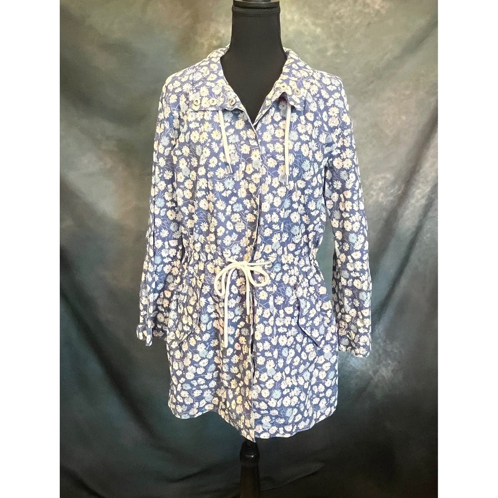 Madewell Floral Print Anorak Coat Drawstring Waist Blue White Women's Size Small